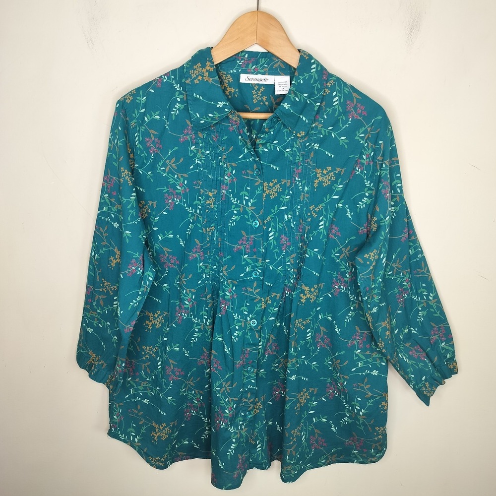 Serengeti Floral Cotton Button Up Shirt Pleated 3/4 Sleeve